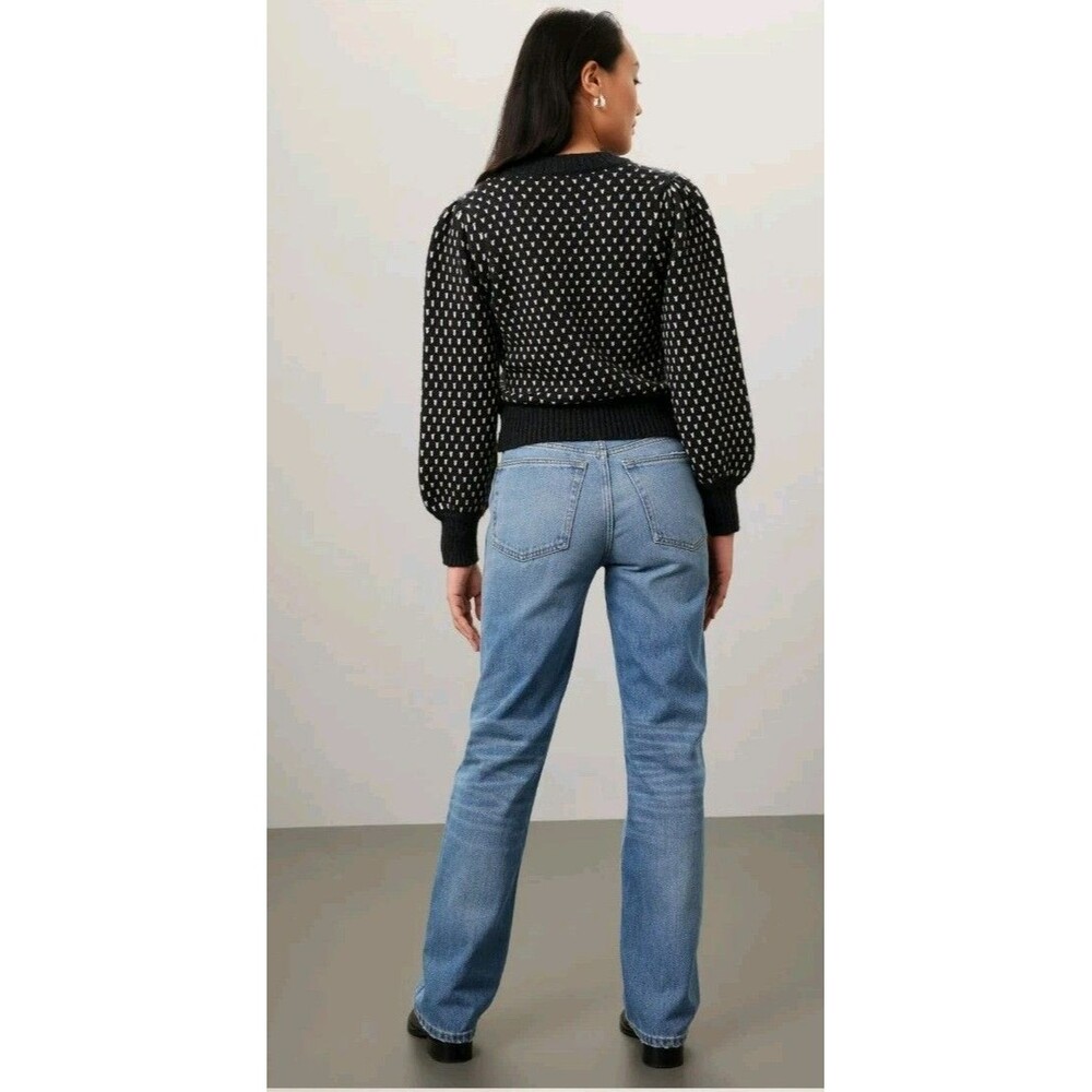 EUC Marine Layer Alma Women's Puff Sleeve Sweater Cotton Soft Black White Medium - Picture 4 of 13